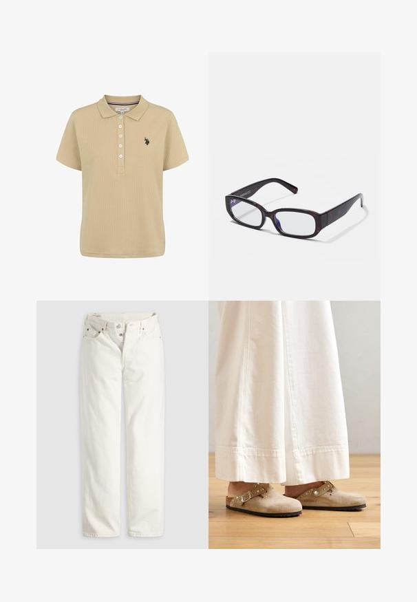 Beige ribaga kaelusega polo särk lühikeste varrukatega, viie nupuga nööbiriimed ja musta tikandiga logo vasakul rinnal. Pehme materjali tekstuur.; Valged kõrge vöökohaga sirgete säärega teksad, millel on nööpidega esitasku, esiküljel ja taga taskud ning taskunurkadel nähtavad vasknaelad.; Beezsuede klotsid, millel on pandla ja studidega aksessuaarid, kantud valgete laia säärega pükstega, puidust põrandal.; Pruunist kilpkonnakujulisest raamist valmistatud ristkülikukujulised prillid selgete läätsedega ja peenete käepidemetega, mis näitavad sujuvat tekstuuri ja minimalistlikku disaini.