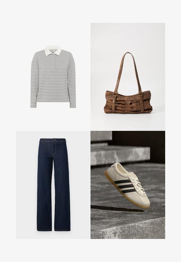 My Essential Wardrobe MWKLARA - Poloshirt - peal blue striped; Wijdvallende donkerblauwe jeans met een klassiek vijf-pocket ontwerp, gemaakt van denim, met gouden stiksels en een knoopsluiting bij de taille.; Witte sneaker met zwarte strepen en rubberen zool zwevend boven betonnen trap in zacht daglicht.; Even&Odd Handtas - brown