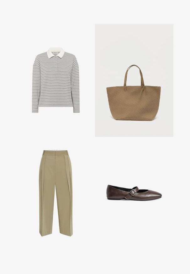 My Essential Wardrobe MWKLARA - Polokošeľa - peal blue striped; Khaki nohavice s vysokým pásom, s plisovaním a rovný fit. Vyrobené z hladkej tkaniny bez viditeľných vzorov alebo ozdôb.; Hnedé kožené ploché topánky s okrúhlou špičkou a nastaviteľným prackovým pásom cez strednú časť nohy. Hladký povrch a minimalistický dizajn.; Pletená taška na rukoväte v hnedej farbe, so dvoma rukoväťami a otvoreným horným okrajom. Materiál má textúrovaný, košíkový vzor. Priestranná so štýlovou tvarovanou konštrukciou.