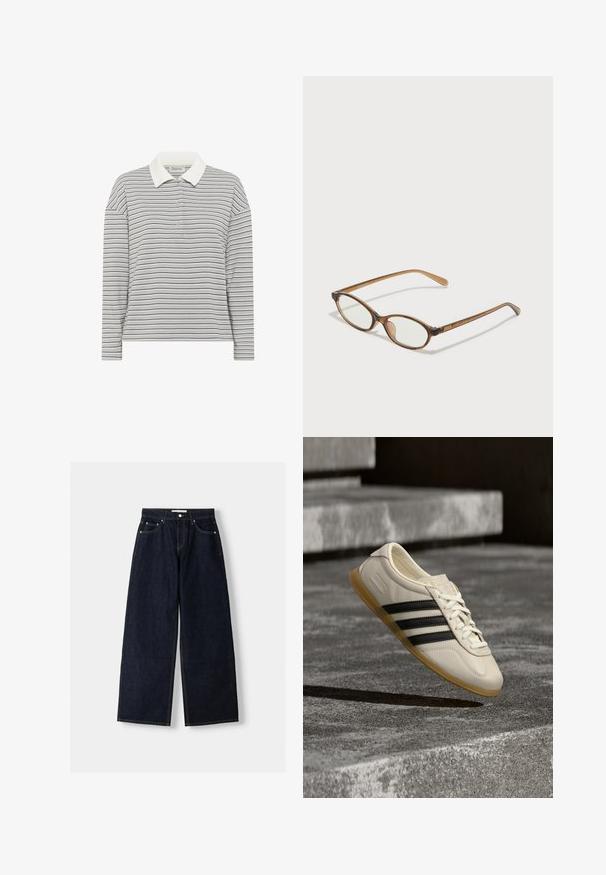My Essential Wardrobe MWKLARA - Polokošeľa - peal blue striped; Tmavomodré denimové nohavice s širokými nohavicami a vysokým pásom, s piatimi vreckami, kontrastným prešívaním a striebornými kovovými doplnkami. Hladká textúra a čisté prevedenie.; Biela teniska s čiernymi pruhmi a gumovou podrážkou vznášajúca sa nad betónovým schodiskom v mäkkom dennom svetle.; Hnedé želvovinové okuliare s oválnymi sklíčkami, tenkými ramenami a priesvitnými akcentmi. Obsahujú jemný logo na stranici. Štýlový, ľahký dizajn.