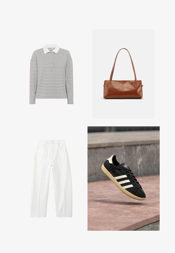 My Essential Wardrobe MWKLARA - Poloshirts - peal blue striped; Hvide, højtaljede jeans med lige ben, forlommer, bæltestropper og knappelukning.; Sort Adidas sneaker med hvide striber og beige sål, fanget i luften over en stenet overflade og baggrund af en stenmur.; Rektangulær brun læderhåndtaske med to lange skulderremme, glat blank finish og minimalistisk design på en ensfarvet baggrund.