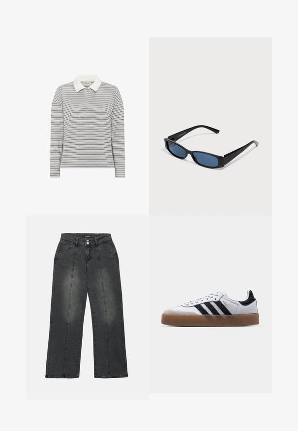 My Essential Wardrobe MWKLARA - Poloshirts - peal blue striped; Bredde ben jeans i mørkegrå denim. Funktionerne inkluderer en knaplukning, to frontlommer og lodret syning for detaljen. Slidte områder er til stede.; Hvide lædersneakers med sorte striber, gummirubber sål, rund tå, snørelukning og blød grå ruskinds tåhætte.; Sorte solbriller med en slank rektangulær ramme og blå linser. Har en glat overflade og robuste stænger. Mærkets logo på siden.