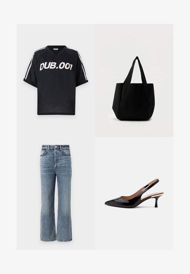 Sort kortærmet T-shirt med V-hals, med hvid tekst "DUB.001" og hvide sidelister langs ærmerne. Glat tekstur.; Lysblå højtaljede jeans med bred benudskæring, afsluttet med subtilt falming, fem-lomme design og metalknap hardware.; Sort laklæder slingback pumpe med spids tå og lav kitten hæl på en ens hvid baggrund.; Sort mulepose med lodret ribbet tekstur, to stofhåndtag og en struktureret form. Enkel design uden synligt metalhardware eller detaljer.