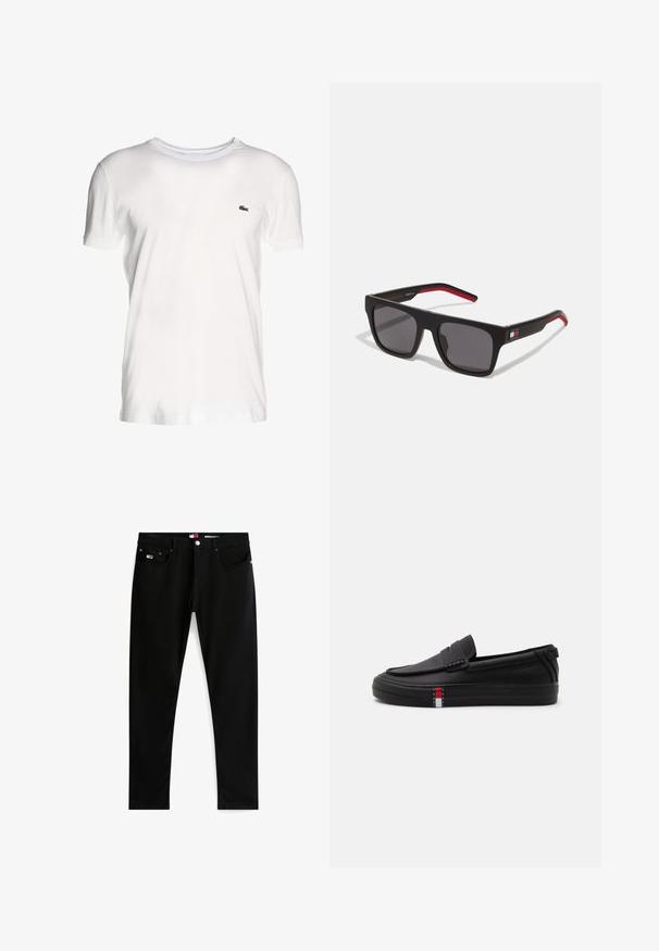 Biely polotričko s krátkym rukávom vyrobené z bavlny, so zaobleným výstrihom a malým zeleným vyšitým logom na ľavej strane.; Čierne slim fit rifle s piatimi vreckami, zapínaním na gombíky a malým logom na prednom pravom vrecku, zobrazené na bielom pozadí.; Čierny mokasín bez šnúrok s textúrovaným zvrškom, gumovou podrážkou a malou obdĺžnikovou logovou značkou na boku podrážky.; Tommy Hilfiger Slnečné okuliare - matte black red