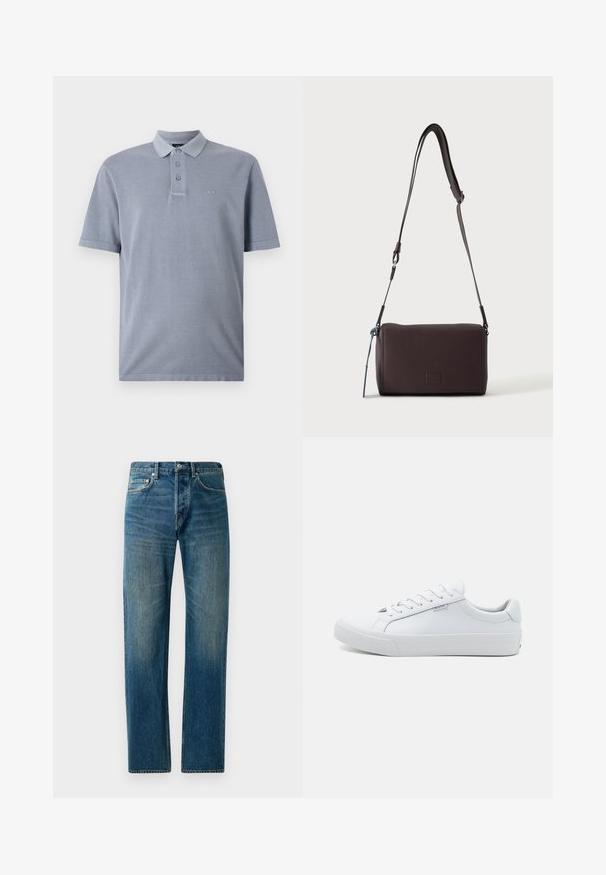 Hele helesinine polo särk, mis on valmistatud tekstuurist kangast, omab klassikalist kraed, kolme nupuga avamist ja alaealist broderingut rinnas.; Sinised denim teksad sirge säärega disainiga, viie taskuga stiil, peene bleežimisega ja kontrastsete õmbluse aktsentidega.; Valge nahkkingadega tossud, millel on sile viimistlus, madal disain, ümar varvas ja lame kummitald. Omavad lamedaid paelu ja minimaalset brändingut.; Tumepruun tekstureeritud nahast üle õla kantav kott, reguleeritava rihmaga ja väikese sinise dekoratiivse aktsendiga küljes.