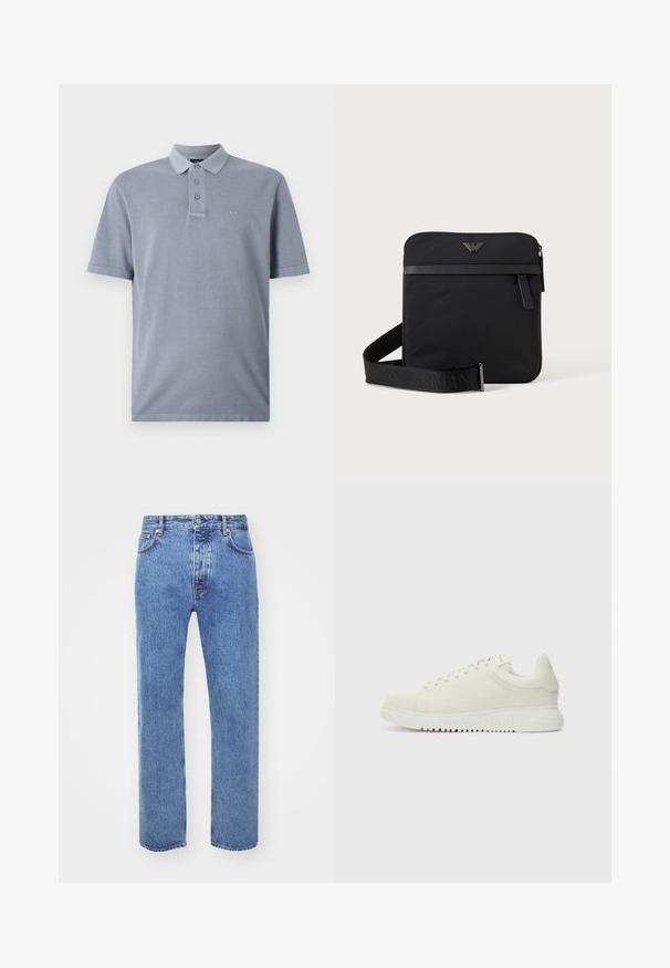 Hele helesinine polo särk, mis on valmistatud tekstuurist kangast, omab klassikalist kraed, kolme nupuga avamist ja alaealist broderingut rinnas.; Won Hundred STEVE - Avar lõikega teksad - cut blue; Valge nahkne sneaker, millel on tekstureeritud pealmine osa, ümar varvas, lame valge talla ja tooni järgi seotud paelad. Disciple brändimine keelega.; Must ruudukujuline õlakott tõmblukuga, esitasku ja reguleeritava rihmaga, millel on reljeefne kaubamärgi nimi.