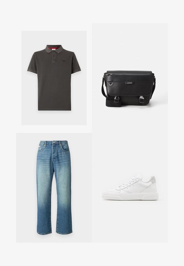 Tumehall polo särk, mis on valmistatud puuvillast, klassikalise krae, kahe nööbi kinnituse, lühikeste varrukate ja väikese logoga rinnal.; Heledad sinine denim teksad sirge säärega, viie taskuga, eest nööpide kinnitusega ja kergelt tuhmumisega läbi kogu kanga.; Valged nahast spordijalatsid siledast nahast viimistlusega, ümarate varvastega, lamekestega ja tekstuuriga tallaga. Hall suede aktsent kanna juures.; Musta tekstuuriga Lacoste sõnumikott, millel on reguleeritav rihm, esiklapiga, tõmblukuga tasku ja metallist pandlad.