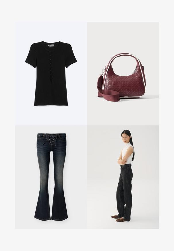 Chemise noire à manches courtes avec col rond et fermeture boutonnée devant, étiquetée « Weekday », présentée sur un fond blanc uni.; Jeans évasés en denim délavé foncé avec une fermeture avant à lacets et un léger effet décoloré sur les cuisses et les genoux.; Jean noir à large jams avec une taille haute, associé à un haut sans manches texturé blanc et des ballerines marron à imprimé léopard. Un style simple et moderne.; Sac à main en cuir tressé marron foncé avec poignée courbée, garniture blanche, fermeture éclair argentée et bandoulière large en tissu amovible sur fond uni.
