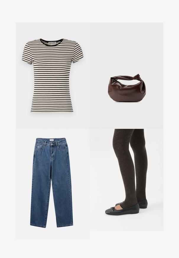 Zwart en crèmekleurig gestreept T-shirt met korte mouwen en een ronde hals, gemaakt van zacht materiaal. Rechte snit met een nette afwerking. AWARE-branding zichtbaar.; Klassieke blauwe denim jeans met een rechte pijp, vijf zakken en een knoopsluiting. Heeft een middelgrote wasbeurt en stevige textuur.; Benen met donkere geribbelde leggings gecombineerd met zwarte ballerina's met kleine strikdetails op een witte achtergrond.; Donkerbruine leren schoudertas met een zachte, slungelige vorm en een gedraaide knoopvormige handgreep op een effen witte achtergrond.