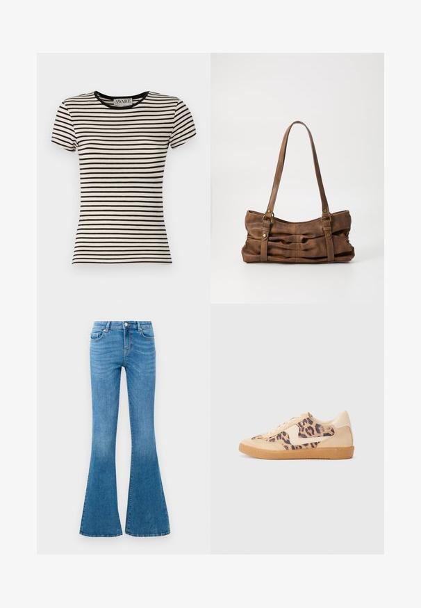 Sort og creme-stribet kortærmet t-shirt med rund hals, lavet af blødt stof. Lige snit med en pæn finish. AWARE branding synligt.; Blå denim flared jeans med mellemhøj talje, der har fem lommer, en standard knaplukning og let falmning for struktur.; Leopardprint sneakers med beige ruskindsoverdel, tan gummisål og hvide detaljer. Rund pegefinger og snørebåndsdesign med en tekstureret finish.; Even&Odd by Zalando Håndtasker - brown