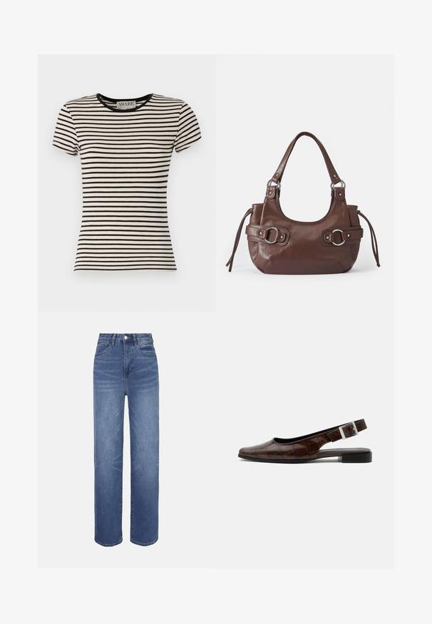 Schwarz-cream gestreiftes Kurzarm-T-Shirt mit Rundhalsausschnitt, aus weichem Stoff gefertigt. Gerader Schnitt mit sorgfältiger Verarbeitung. AWARE-Branding sichtbar.; Hellblaue Jeans aus Denim mit hohem Bund, geradem Bein, Fünf-Taschen-Design und dezenten Verwaschungseffekten im Stoff.; Dunkelbrauner Lederslingback-Flachschuh mit quadratischer Spitze, Krokodillederstruktur und silberner Schnalle am Riemen.; Braune Lederhandtasche mit runder Form, silbernen Beschlägen, zwei Seitenriemen und einer glatten Oberfläche. Verfügt über einen einzigen oberen Griff.