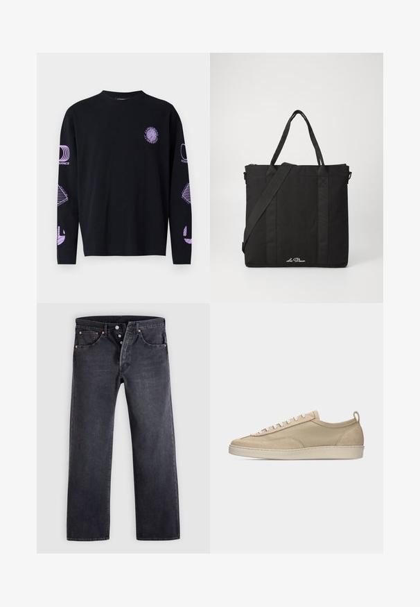 T-shirt long noir à manches longues avec des impressions graphiques violettes sur la poitrine et les manches, fabriqué dans un tissu au toucher lisse. Conception à col rond.; Jean en denim noir avec une coupe droite, design à cinq poches, et boutons en cuivre. Texture lisse avec une légère finition délavée.; Baskets beige basses avec tige en tissu et daim, lacets blancs, semelle en caoutchouc et languette à l'arrière, présentées en profil latéral sur fond blanc.; Sac tote noir en tissu durable avec deux poignées supérieures et une bandoulière amovible. Présente une fermeture à glissière et des accents latéraux.