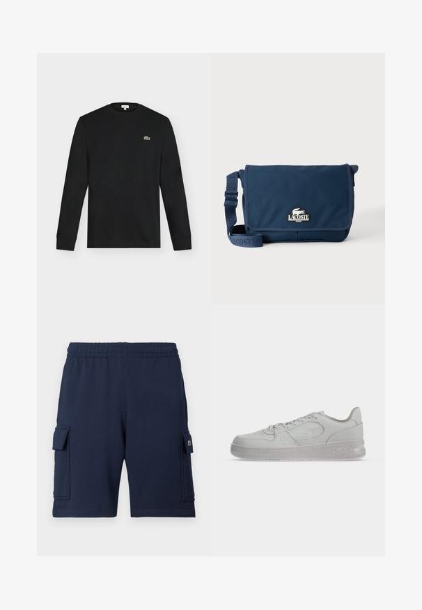 T-shirt noir manches longues à col rond avec un petit logo crocodile vert sur la poitrine gauche, présenté sur un fond clair uni.; Shorts cargo bleu marine en tissu doux, dotés d'une ceinture élastique, de deux poches latérales et d'un petit logo sur la poche gauche.; Baskets basses blanches Lacoste avec lacets, logo embossé sur le côté et semelle texturée sur fond uni.; Sac messager Lacoste bleu marine avec bandoulière réglable et écusson logo sur le rabat avant, sur un fond clair uni.