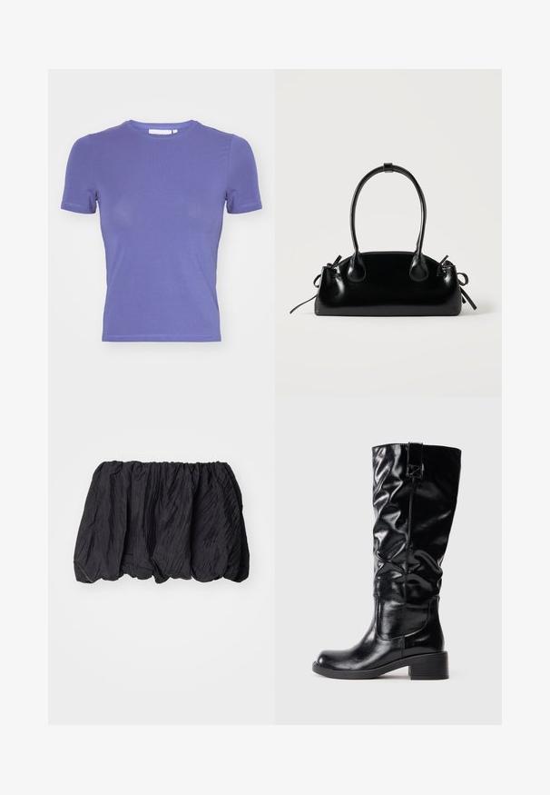 Weekday SLIM FITTED - T-shirt basique - purple; Haut en tissu noir froissé avec une taille élastiquée, présentant une surface texturée et un design froncé pour une silhouette volumineuse.; Bottes noires montantes en matériau synthétique brillant avec un bout rond et un petit talon. Présentent un design décontracté et un panneau latéral.; Petit sac à main noir brillant avec deux longues anses et des détails à cordon sur les côtés sur un fond clair uni.