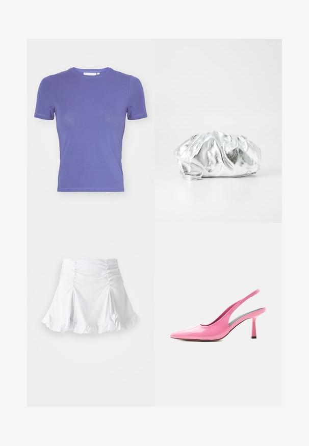 Weekday SLIM FITTED - T-shirt basique - purple; Jupe blanche en tissu texturé avec des détails froncés et un ourlet volanté. Présente un design évasé avec une taille ajustée.; Escarpin slingback rose brillant avec bout pointu et talon bloc de hauteur moyenne sur fond blanc.; Pochette argent métallique avec un corps doux et froncé et une fine bandoulière. Présente une texture lisse et brillante ainsi qu'une forme arrondie.