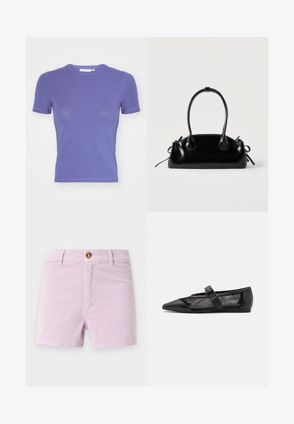 Weekday SLIM FITTED - T-shirt basique - purple; Shorts en velours côtelé lavande clair avec fermeture à bouton, présentant un design à rayures texturé et des poches avant, coupés au-dessus de la cuisse.; Chaussure plate noire avec un bout pointu, panneaux latéraux en maille et une sangle avec une boucle décorative. Fini lisse sur les sections du bout et du talon.; Petit sac à main noir brillant avec deux longues anses et des détails à cordon sur les côtés sur un fond clair uni.