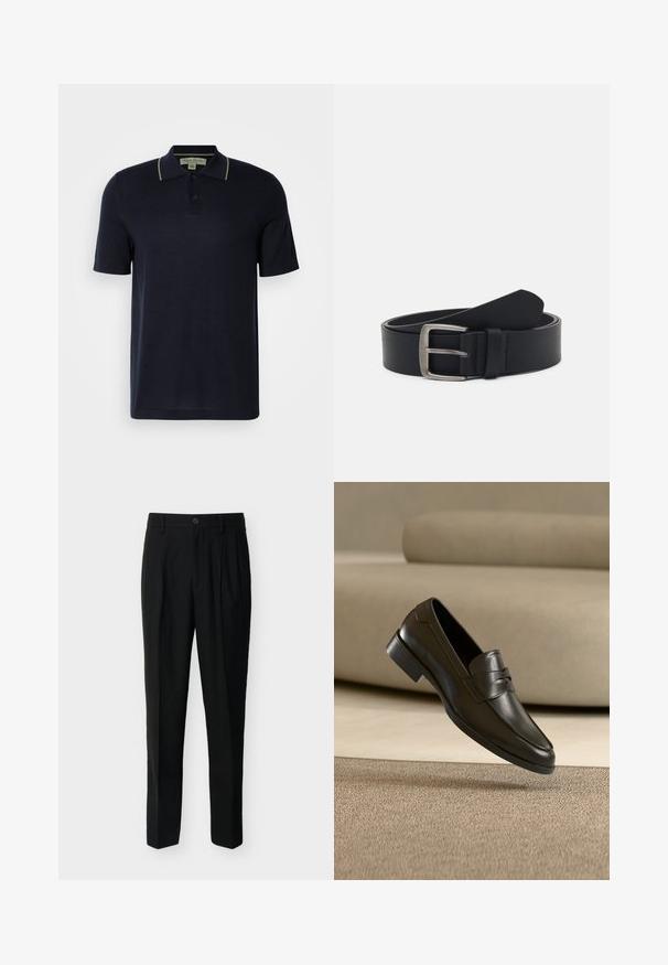 Marineblauwe polo met korte mouwen, voorzien van twee knopen en subtiele beige afwerking op de kraag, weergegeven op een eenvoudige lichte achtergrond.; Zwarte, op maat gemaakte, high-waist broek met riemlussen, plooien aan de voorkant, zijzakken en een knoop- en ritssluiting.; Zwarte leren loafer zwevend boven een beige tapijt met een beige bank op de achtergrond, met een klassiek mannenmodel instapontwerp.; Zwarte leren riem met een zilveren metalen gesp, voorzien van een gladde afwerking en een klassiek ontwerp. De riem is opgerold met de punt van het uiteinde.