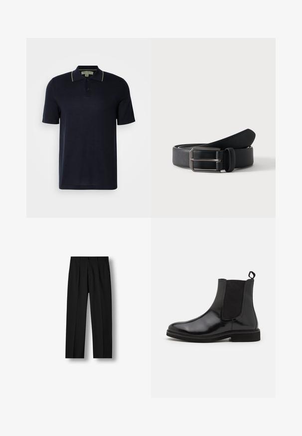 Marineblauwe polo met korte mouwen, voorzien van twee knopen en subtiele beige afwerking op de kraag, weergegeven op een eenvoudige lichte achtergrond.; Zwarte rechte broek met voorplooien, knoopsluiting in de taille en zijzakken op een effen witte achtergrond.; Zwarte Chelsea boots van glanzend leer, met elastische zijpanelen, een trekhaak en een platte rubberen zool.; Zwarte leren riem opgerold met een rechthoekige zilveren metalen gesp op een effen lichte achtergrond.