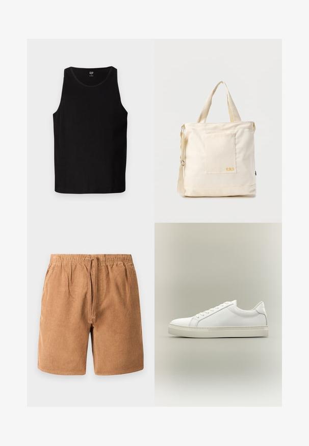 Sort ribbet tanktop med brede ærmhuller og rund halsudskæring. Den har en glat stofoverflade og et diskret logo på forsiden.; Brune kordfløjlsshorts med elastisk talje og justerbar snor, med vertikal ribbet tekstur og sidelommer.; Hvid lavtop sneaker med snørebånd foran og tyk sål, vist fra siden mod en neutral baggrund.; Kremfarvet lærredstote-taske med frontlomme, to håndtag, justerbar skulderrem og lille gul "O.N.S" tekst i nederste højre hjørne af lommen.