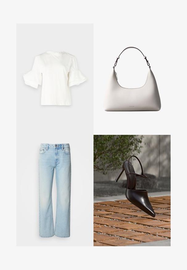 Witte top met korte mouwen en ronde halslijn, voorzien van uitlopende rokjesmouwen. Gemaakt van een lichtgewicht katoenmix, met een soepele textuur.; Lichtblauwe wijde jeans van denim, voorzien van een klassiek vijf-pocket ontwerp en een subtiele vervaagde textuur. Denimstiksels zijn zichtbaar.; Glanzende zwarte hoge hak mule met spitse neus en enkelriem, zwevend boven een oppervlak met terracottategels en grindvoegen.; Romige Calvin Klein leren schoudertas met gebogen bovenrand, zilveren rits en donkerbruine verstelbare riem.