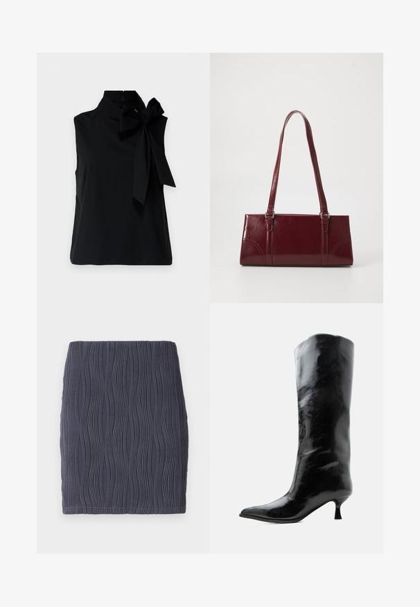 Top sans manches noir avec un col haut, présentant un grand nœud sur le côté gauche. Fabriqué en tissu lisse et doux avec un ourlet soigné.; Mini jupe moulante gris foncé avec un motif texturé en vagues et une finition lisse. Conçue avec un ourlet simple et droit.; Botte en cuir noire brillante, haute jusqu'au genou, avec bout pointu et talon bas courbé sur un fond clair uni.; Sac à main bordeaux en matériau brillant, de forme rectangulaire, avec deux anses et des accents légèrement courbés à l'avant.