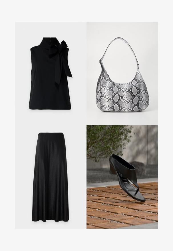 Top negro sin mangas con un alto cuello, que presenta un gran lazo en el lado izquierdo. Fabricado en un tejido suave y liso con un dobladillo limpio.; Falda negra de longitud hasta el suelo hecha de una tela suave y ligera. Presenta un diseño sencillo y sin costuras con una cinturilla elástica.; Sandalia negra de tacón alto con tira entre los dedos, flotando sobre una superficie exterior de madera y grava con patrón, con vegetación desenfocada y pared al fondo.; Bolso de hombro con estampado de serpiente en blanco y negro, de forma redondeada, textura suave y correa curvada. Presenta un acento de hardware plateado.