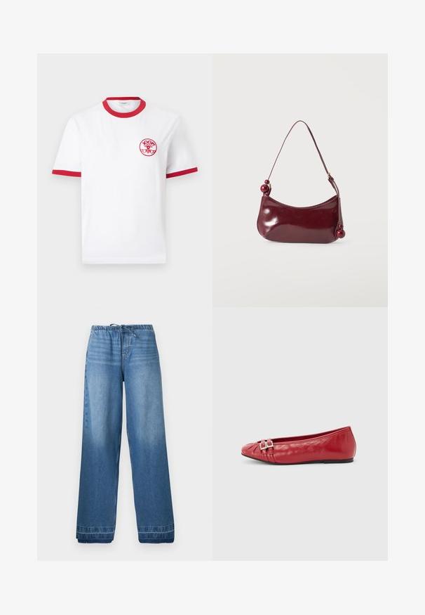 T-shirt blanc à manches courtes avec col et bordures de manches rouges, avec un petit logo circulaire rouge "JOOP! Jeans" sur la poitrine gauche.; Pantalon en denim bleu à jambes larges avec ceinture élastique et cordon de serrage, présentant des zones légèrement délavées et des ourlets cousus.; Chaussure plate en cuir rouge avec bout pointu, brides décoratives à double boucle et semelle noire, présentée de profil sur fond blanc.; Petit sac à épaule rouge foncé brillant avec un bord supérieur incurvé et des perles rondes décoratives aux extrémités de la bandoulière.