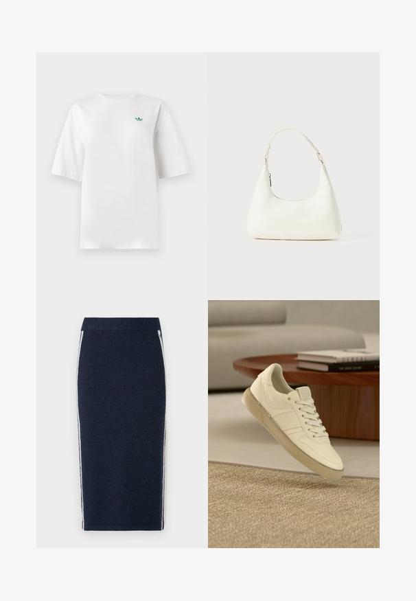 Biela tričko vyrobené z bavlny, s krátkymi rukávmi a okrúhlym výstrihom. Malé zelené logo je umiestnené na ľavej strane hrudníka.; Pepe Jeans CREOLA SKIRT - Puzdrová sukňa - dulwich blue; Biela kožená teniska s viazaním na šnúrky, textúrovanými ozdobami a priehľadnou gumovou podrážkou, zobrazená nad tkaným povrchom.; Malá biela ramenná taška s jedným nastaviteľným popruhom a zipsovým uzáverom, umiestnená na jednoduchom bielom pozadí.