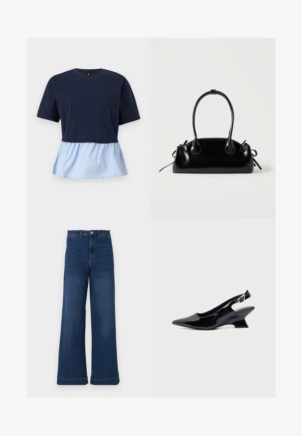 Haut à manches courtes bleu marine avec col rond et ourlet basque attaché à rayures verticales bleu clair et blanc.; Jean en denim bleu à jambes larges avec une taille haute, présentant une fermeture à bouton à l'avant, cinq poches et des détails de coutures subtils.; Chaussure slingback en cuir verni noir avec bout pointu et petit talon bloc incliné sur fond clair uni.; Petit sac à main noir brillant avec deux longues anses et des détails à cordon sur les côtés sur un fond clair uni.