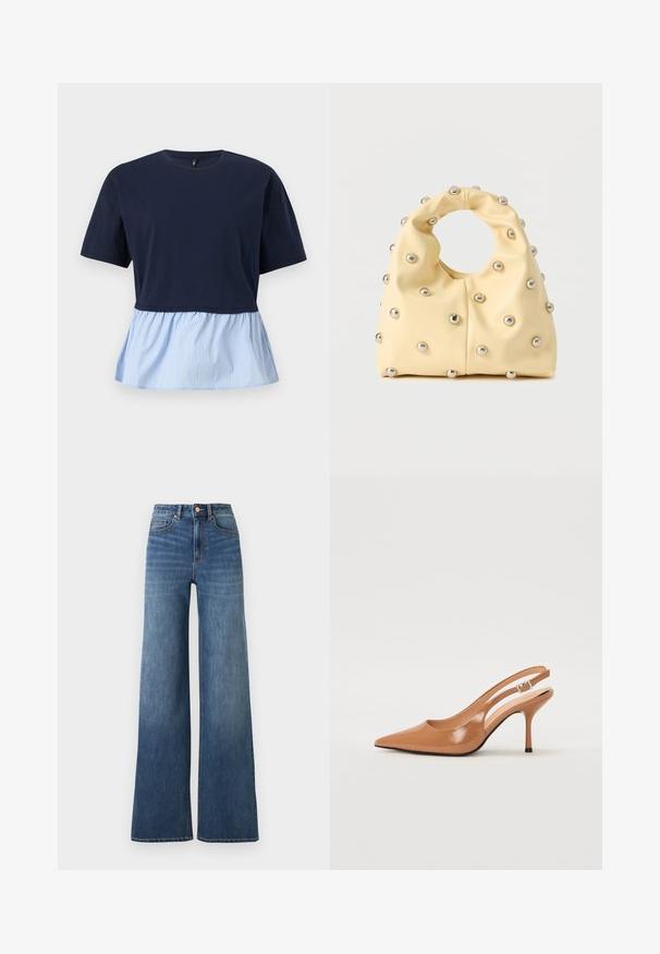 Haut à manches courtes bleu marine avec col rond et ourlet basque attaché à rayures verticales bleu clair et blanc.; Jean en denim bleu taille haute avec jambes larges, fermeture avant par boutons et zip, et poches devant et derrière.; Escarpin à talon slingback à bout pointu en matériau beige lisse et brillant. Présente un design de découpes courbées et un talon aiguille fin. Détail de boucle en argent.; Sac à main jaune pâle avec poignée circulaire, décoré de petits clous en métal argenté uniformément espacés sur une surface lisse.