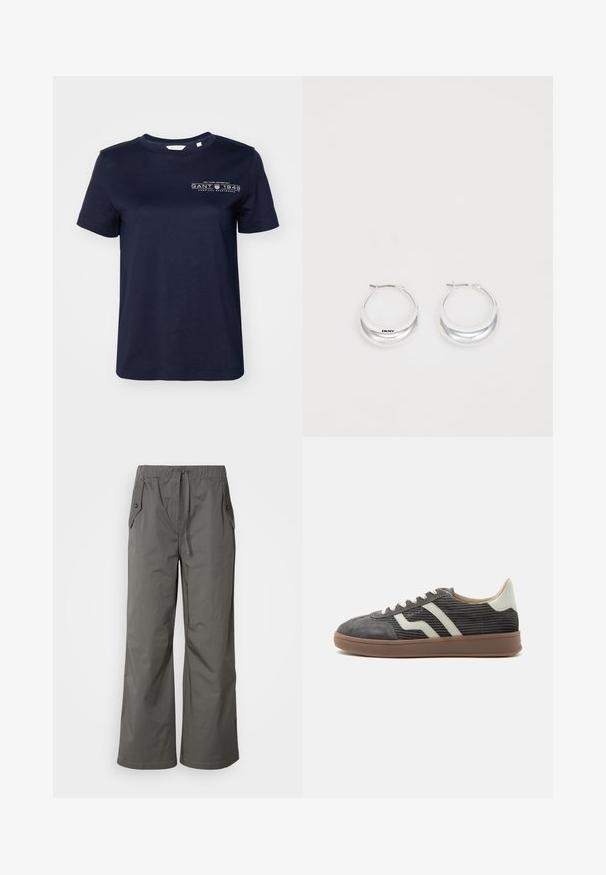Ναυτικό μπλε βαμβακερό T-shirt με κοντά μανίκια, στρογγυλή λαιμόκοψη και εκτυπωμένο λογότυπο που απεικονίζει το "GANT 1949" στο αριστερό στήθος. Λείος υφάσματος.; Γκρίζες παντελόνες σε φαρδιά γραμμή, φτιαγμένες από ελαφρύ ύφασμα, με ελαστική μέση, κορδόνι προσαρμογής και δύο πλευρικές τσέπες με κουμπιά.; Γκρι καστόρινο sneaker χαμηλού ύψους με λευκές πλευρικές ρίγες, μπεζ ταμπελάκι στη φτέρνα, λευκά κορδόνια και καφέ λαστιχένια σόλα.; Ασημένια σκουλαρίκια δαχτυλίδια με γυαλιστερή επιφάνεια και σήμα DKNY, τοποθετημένα μπροστά σε λευκό φόντο.