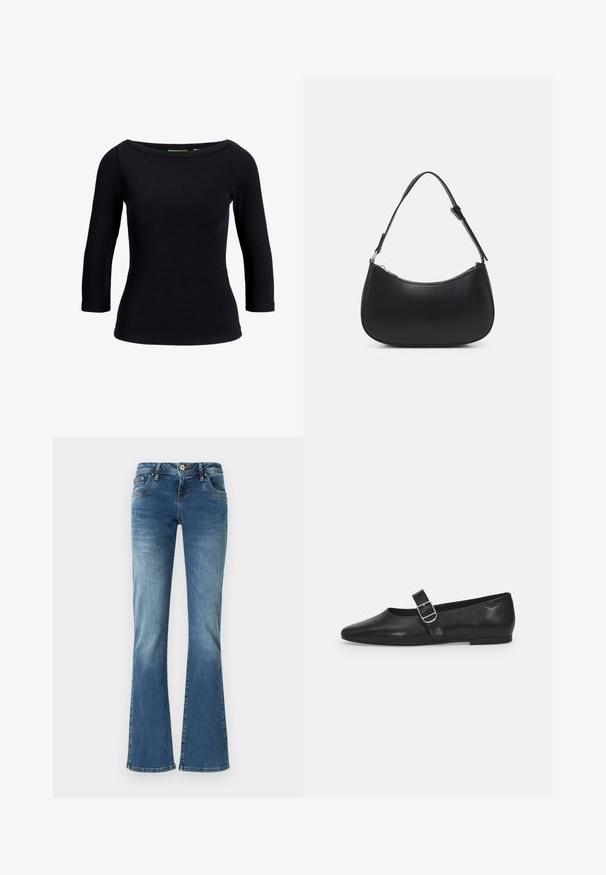 Zwarte geribbelde top met een bateauhals en driekwartmouwen, gemaakt van rekbare stof, met een getailleerd ontwerp en een gladde textuur.; Flared denim jeans in medium blue met contrasterende stiksels, vijf zakken en een klassieke knop- en ritssluiting.; Zwarte leren platte schoen met een ronde neus, een enkele verstelbare gespsluiting en een gladde, glanzende textuur. Minimalistisch ontwerp met een lage hak.; Pieces PCALUANA SHOULDER BAG - Handtas - black