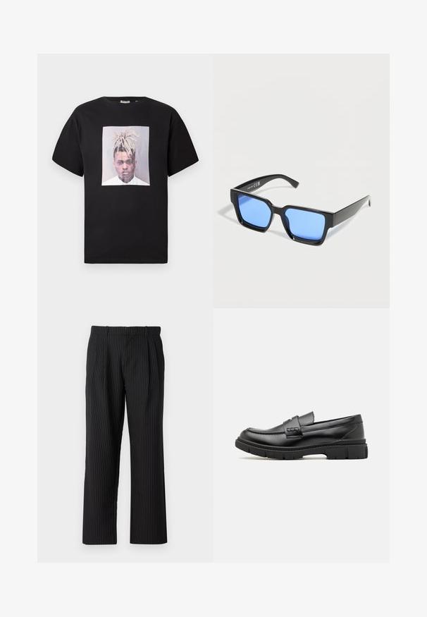 T-shirt en coton noir avec un col rond, présentant une grande impression sur le devant d'un portrait dans un cadre carré. Manches courtes, coupe décontractée.; Jack & Jones JPSTBILL JJDAYTONA WIDE CHINO - Chino - black; Mocassin en cuir noir avec une large sangle sur le devant, semelle en caoutchouc à épaisse rainure, et texture lisse. Design classique et élégant.; Lunettes de soleil rectangulaires noires avec verres teintés bleus, vue en angle sur fond blanc.