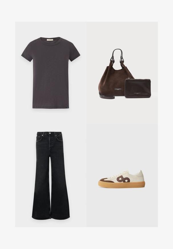 rag & bone Βασικό μπλουζάκι - greystone; Μαύρο τζιν με φαρδιά μπατζάκια, κατασκευασμένο από denim, με ψηλή μέση, κλασικό σχέδιο με πέντε τσέπες και κούμπωμα με κουμπί στο μπροστινό μέρος.; Αθλητικά παπούτσια με ανώτερο τμήμα από κρέμας καμβά, καφέ σουέτ λεπτομέρειες, μεγάλο στυλιζαρισμένο λογότυπο και μπεζ καουτσούκ σόλα με υφή για καλύτερη πρόσφυση.; Καφέ τσάντα σουέτ με σκούρες δερμάτινες λαβές και μικρό νάιλον τσαντάκι από δέρμα σε παρόμοιο σκούρο χρώμα, και τα δύο με ετικέτα Gianni Chiarini Firenze.