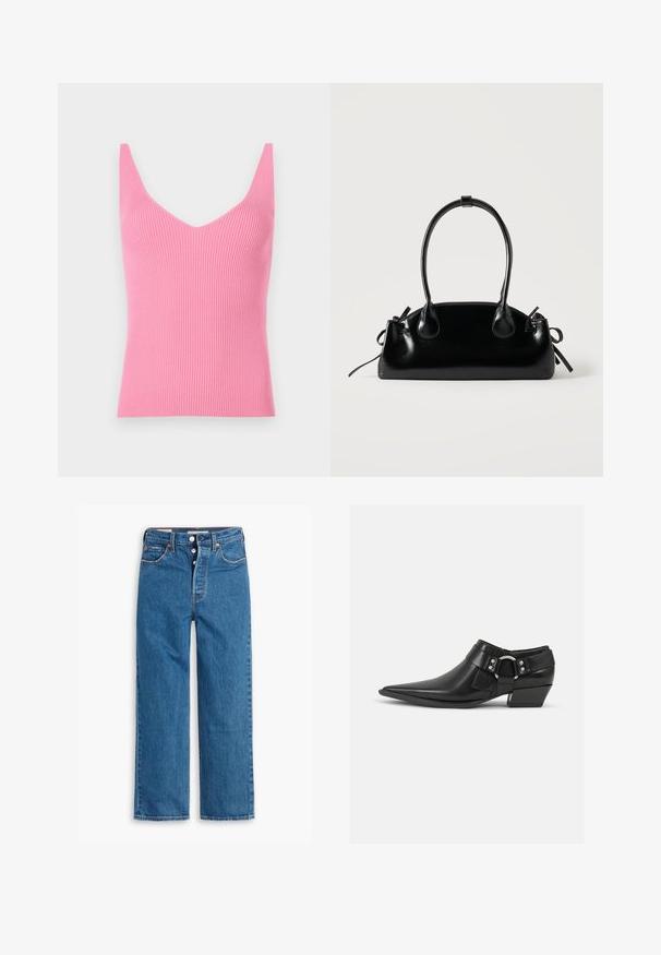 Figurbetontes, pinkes, geripptes Tanktop mit tiefem V-Ausschnitt, breiten Schulterträgern und glatter Textur. Eignet sich sowohl zum Schichten als auch zum alleinigen Tragen.; Blaue Denim-Jeans mit geradem Bein, hoher Taille, fünf Taschen und Knopfverschluss. Auffällige Nähte und Nieten in Kupferfarbe.; Schwarze Leder-Ankle-Boots mit spitzem Zeh, ausgestattet mit einem vorderen Leder-Riemen und einem silbernen Schnallendetail sowie einem niedrigen Blockabsatz.; Kleine schwarze glänzende Handtasche mit zwei langen Griffen und seitlichen Kordelzug-Details vor einfachem hellem Hintergrund.