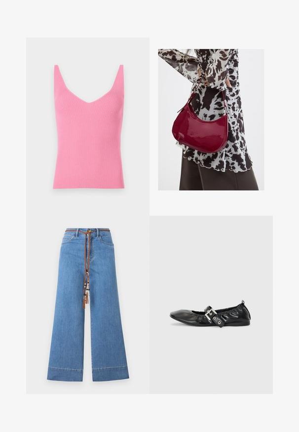 Figurbetontes, pinkes, geripptes Tanktop mit tiefem V-Ausschnitt, breiten Schulterträgern und glatter Textur. Eignet sich sowohl zum Schichten als auch zum alleinigen Tragen.; Helles Blau weite Denim-Jeans mit einem geflochtenen braunen Kordelzug in der Taille, mit dekorativen Perlen und einem traditionellen Fünf-Taschen-Design.; Schwarze Leder-Ballerinas mit spitzem Zehenbereich, gerafften Details am Schaft und einem silbernen Schnallenakzent am verstellbaren Riemen.; Frau trägt eine schwarz-weiß gemusterte Bluse und hält eine glänzende rote Schultertasche vor einem einfarbigen Hintergrund.