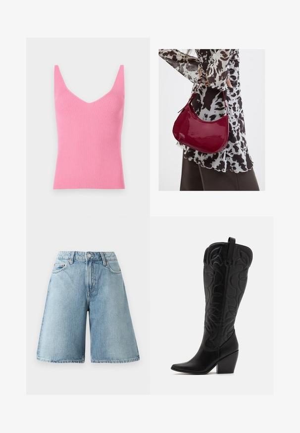 Figurbetontes, pinkes, geripptes Tanktop mit tiefem V-Ausschnitt, breiten Schulterträgern und glatter Textur. Eignet sich sowohl zum Schichten als auch zum alleinigen Tragen.; Helle blaue Jeansshorts mit lockerer Passform, mittlerer Bundhöhe, fünf Taschen und kontrastierenden Nähten. Der Stoff hat eine weiche Textur.; Schwarze kniehohe Stiefel aus Leder mit spitz zulaufender Zehenpartie und gestapeltem Absatz. Verfügt über dekorative Nähte und geschwungene Designelemente.; Frau trägt eine schwarz-weiß gemusterte Bluse und hält eine glänzende rote Schultertasche vor einem einfarbigen Hintergrund.