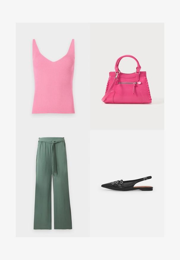 Figurbetontes, pinkes, geripptes Tanktop mit tiefem V-Ausschnitt, breiten Schulterträgern und glatter Textur. Eignet sich sowohl zum Schichten als auch zum alleinigen Tragen.; Grüne Hosen mit weitem Bein, elastischem Bund und gebundenem Stoffgürtel, aus weichem, strukturiertem Material, auf weißem Hintergrund dargestellt.; Schwarze Leder-Slingback-Ballerina mit spitzem Zeh, ausgestattet mit zwei horizontalen Riemen und quadratischen silbernen Schnallen, mit flachem Absatz und glatter Oberfläche.; Rosa Lederhandtasche mit zwei Griffen, dekorativer Seitenbanda und einer vorderen Reißverschlusstasche. Glatte Textur, strukturierte Form.