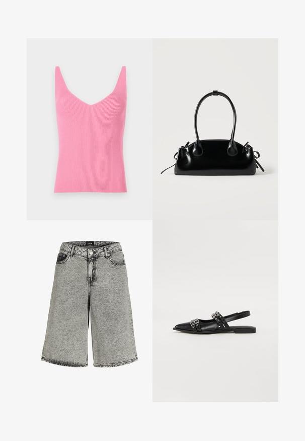 Fittet rosa ribbet tanktop med dyb V-hals, brede skulderstropper og en glat tekstur. Velegnet til lag-på-lag eller som alene brug.; Denimshorts i falmet sort med løs pasform, der har høj talje, fem-lomme design og synlige syninger.; Even&Odd by Zalando Slingback-ballerinasko - black; Lille sort blank håndtaske med to lange håndtag og snøre-detaljer i siden på en ensfarvet lys baggrund.