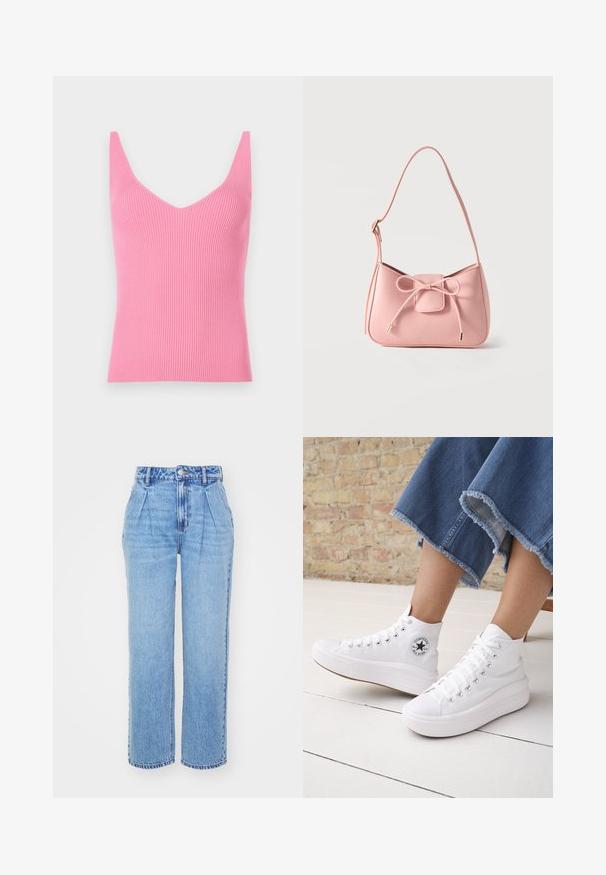 Fittet rosa ribbet tanktop med dyb V-hals, brede skulderstropper og en glat tekstur. Velegnet til lag-på-lag eller som alene brug.; Lyseblå denimjeans med høj talje, brede ben og frontfolder. Har typisk syning og en knaplukning i taljen.; Person iført hvide høje Converse-sneakers med tykke såler og beskårne blå jeans med flossede kanter mod en murstensvæg og hvidt gulv.; Lille skuldertaske i pastel lyserød med justerbar strop og frontsløjfe med guldspidsdetaljer på ensfarvet baggrund.