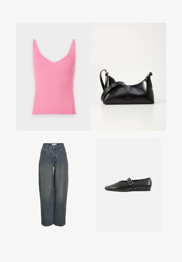 Fittet rosa ribbet tanktop med dyb V-hals, brede skulderstropper og en glat tekstur. Velegnet til lag-på-lag eller som alene brug.; Bredde denimjeans i mørkeblå, lavet af tekstureret bomuldsstof. Har for- og baglommer samt en lynlås og knaplukning.; Sorte læder flade sko med spidse tæer, prydet med en metallisk spænde over vristen og en lav, fleksibel sål.; Sort læderhåndtaske med en glat tekstur. Har en justerbar stropp og et enkelt, minimalistisk design med lynlås.