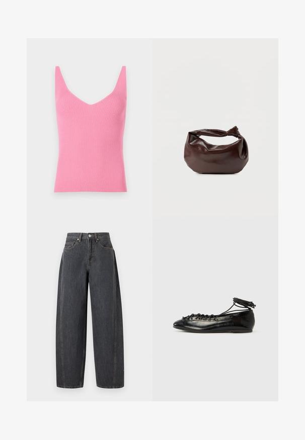 Figurbetontes, pinkes, geripptes Tanktop mit tiefem V-Ausschnitt, breiten Schulterträgern und glatter Textur. Eignet sich sowohl zum Schichten als auch zum alleinigen Tragen.; Schwarze Jeans mit hoher Taille und weitem Bein, Fronttaschen, Gürtelschlaufen und Metallknopfverschluss auf einfarbigem Hintergrund.; Schwarze Ballerinas aus Lackleder mit runder Spitze, Schnürdesign und flacher Sohle. Glatte Textur mit minimaler Verzierung.; Dunkelbraune Lederschultertasche mit weicher, lockerer Form und einem gedrehten Knotengriff vor schlichtem weißem Hintergrund.