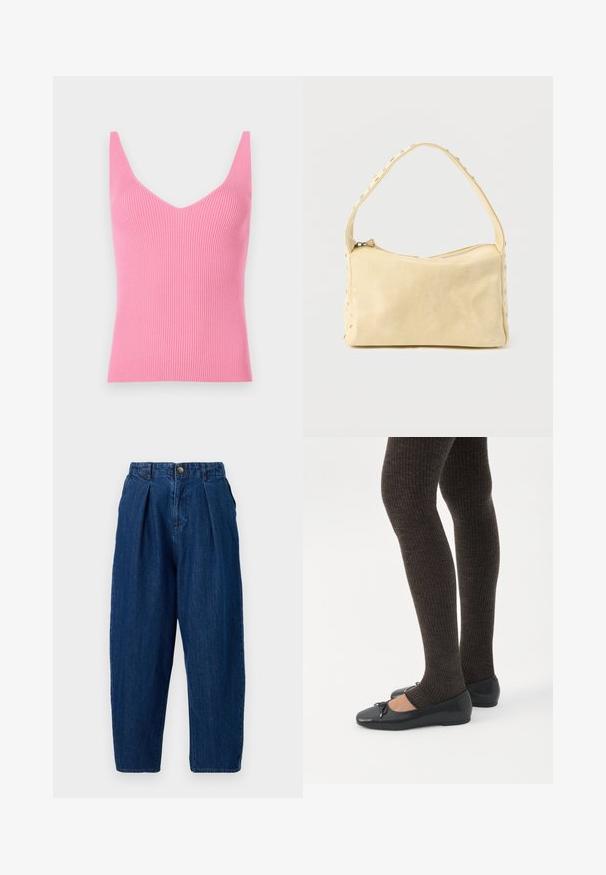 Aangesloten roze geribbelde tanktop met een diepe V-hals, brede schouderbanden en een gladde textuur. Geschikt voor lagen of als zelfstandige kleding.; Donkerblauwe denimbroek met een ontspannen pasvorm, met plooien aan de voorkant, een knoopsluiting en taps toelopende pijpen.; Benen met donkere geribbelde leggings gecombineerd met zwarte ballerina's met kleine strikdetails op een witte achtergrond.; Kleine beige leren handtas met een enkele band en zilveren studs langs de randen en band, tegen een effen achtergrond.