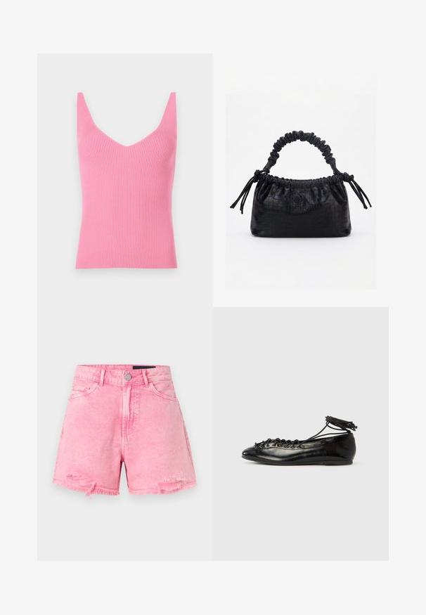 Aangesloten roze geribbelde tanktop met een diepe V-hals, brede schouderbanden en een gladde textuur. Geschikt voor lagen of als zelfstandige kleding.; Roze denim shorts met hoge taille, rafelige zoom, knoop- en ritssluiting aan de voorkant en lichte verweerde details bij de zakken.; Zwarte ballerina's van lakleer met een afgeronde neus, veterdesign en een platte zool. Glad oppervlak met minimale details.; Zwarte handtas met krokodillenstructuur, geplooide bovenrand, samengevoerde handgreep en koordtassels aan elke kant tegen een witte achtergrond.