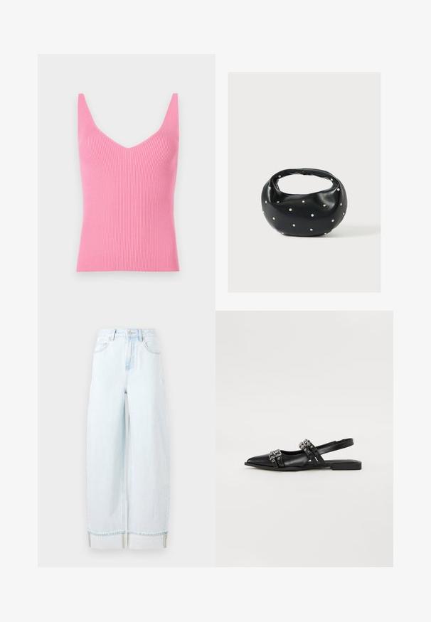 Figurbetontes, pinkes, geripptes Tanktop mit tiefem V-Ausschnitt, breiten Schulterträgern und glatter Textur. Eignet sich sowohl zum Schichten als auch zum alleinigen Tragen.; Helle blaue weit geschnittene Jeans aus Denim, mit hoher Taille, Fronttaschen und einem umgeschlagenen Saum mit sichtbaren Nähakzenten.; Even&Odd Sling-Ballerina - black; Schwarze Lederhandtasche mit abgerundeter Form, verziert mit silbernen Nietenakzenten und kurzem Griff. Glatte Struktur und Reißverschlussverschluss.