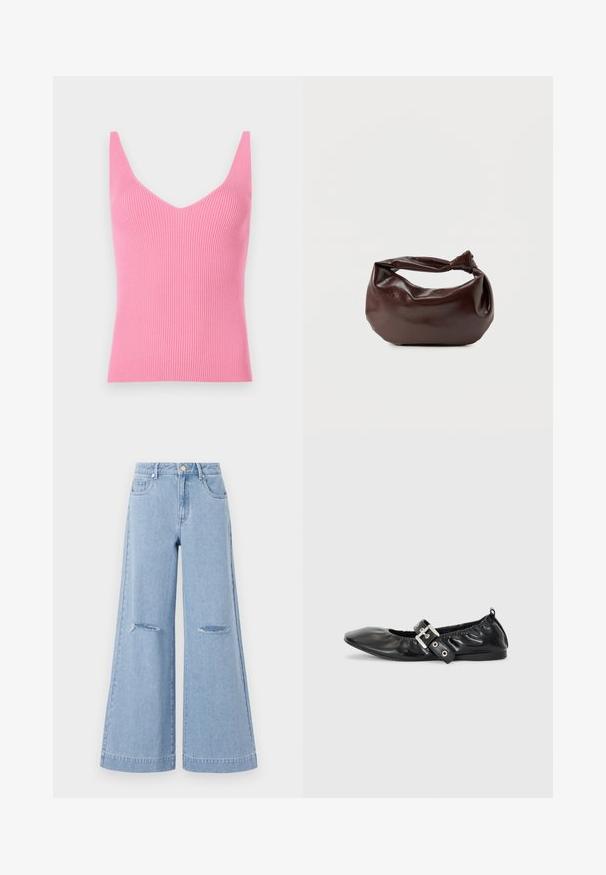 Top sin mangas ajustado de canalé rosa con un profundo escote en V, tirantes gruesos y una textura suave. Adecuado para llevar por capas o como prenda independiente.; Jeans de pernera ancha de color azul claro con una cintura alta, que cuentan con dos bolsillos frontales y dos detalles de rodillas rasgadas, elaborados en material de denim.; Zapato plano de piel negra con puntera afilada, detalle fruncido alrededor de la abertura y un acento de hebilla plateada en la correa ajustable.; Bolso de hombro de cuero marrón oscuro con una forma suave y caída, y un asa con nudo torcido sobre un fondo blanco liso.