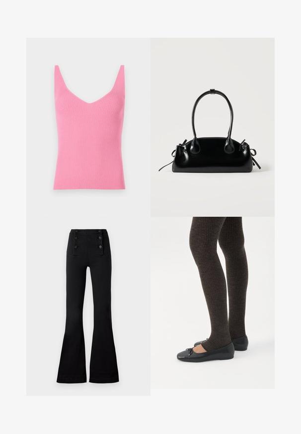 Fittet rosa ribbet tanktop med dyb V-hals, brede skulderstropper og en glat tekstur. Velegnet til lag-på-lag eller som alene brug.; Sorte flagrende bukser lavet af denim med høj talje, der har fire dekorative knapper foran og en glat tekstur.; Ben iført mørke ribbede leggings kombineret med sorte balletsko med små sløjfedetaljer på hvid baggrund.; Lille sort blank håndtaske med to lange håndtag og snøre-detaljer i siden på en ensfarvet lys baggrund.