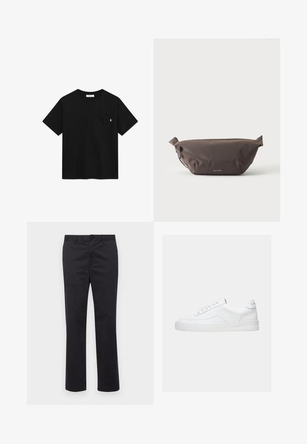 Sort bomulds t-shirt med korte ærmer, rund hals og en lomme på brystet. Har et lille mærke fra mærket på lommen.; Sorte bomuldsbukser med lige ben-design, der har en knaplukning og bæltestropper. Glat tekstur, ingen synlige mønstre eller accenter.; Hvid lavt sneaker med snørelukning, glat læderoverdel og tyk sål, vist fra siden på en ensfarvet baggrund.; Mørkebrun stof talje taske med diagonalt lynlåslomme og lille hvidt logo på fronten, sat mod en ensfarvet lys baggrund.