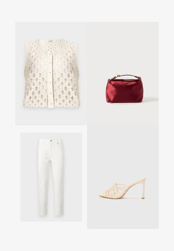 Veste sans manches en crochet de couleur crème avec motif floral, boutons en perle et bords festonnés, présentée sur fond blanc.; Jean blanc slim pour homme avec fermeture à boutons et zipper, poches avant et arrière, présenté sur un fond gris.; Mules à talons hauts beiges avec un design à lanières. Présentent un bout carré, une texture lisse et un talon élancé avec un accent doré à la base.; Trousse de maquillage en satin bourgogne de forme rectangulaire, avec fermeture éclair et une poignée courte. Présente un design minimaliste et une texture lisse.