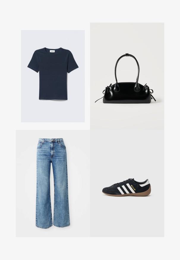 T-shirt bleu marine à manches courtes avec un col rond. Fabriqué en tissu doux, comportant une étiquette marquée "WEEKDAY" au niveau du cou.; Jeans larges en denim bleu clair avec une taille haute, dotés de cinq poches, d'une fermeture par bouton supérieur et de surpiqûres contrastées le long des coutures.; Baskets en daim noir avec trois bandes blanches, semelle en caoutchouc beige, et un petit logo doré sur le côté. Dotées d'une doublure intérieure noire lisse.; Petit sac à main noir brillant avec deux longues anses et des détails à cordon sur les côtés sur un fond clair uni.